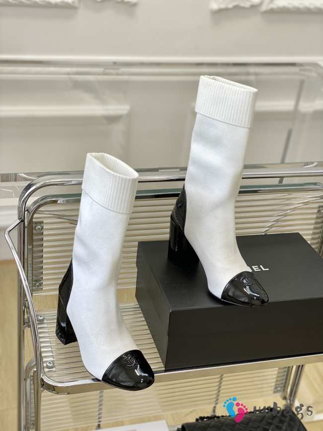 Chanel Short Boots Knit & Patent Calfskin White & Black - 1