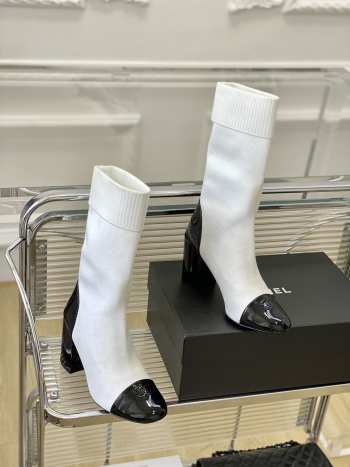 Chanel Short Boots Knit & Patent Calfskin White & Black