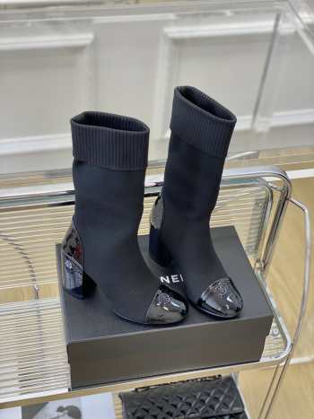 Chanel Short Boots Knit & Patent Calfskin Black