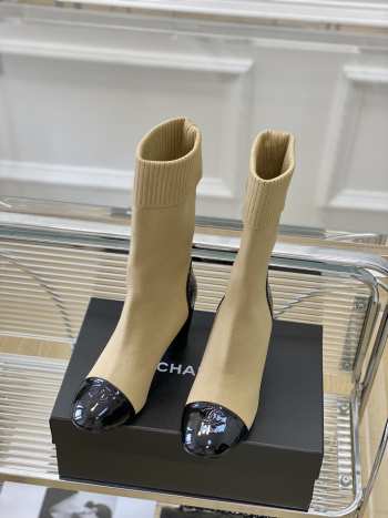 Chanel Short Boots Knit & Patent Calfskin Beige