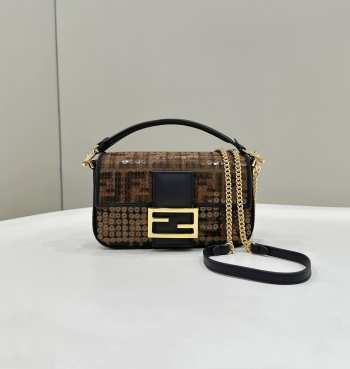 Fendi baguette mini brown FF Jacquard fabric bag with sequins 20x13x5cm