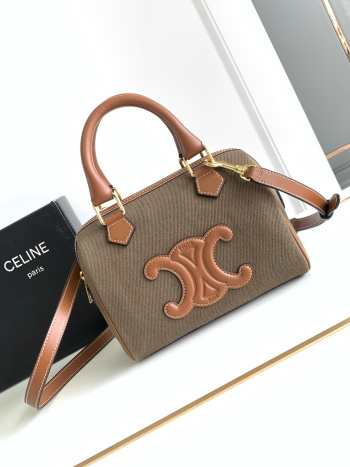 Celine Small Boston Cuir Triomphe In Striped Textile And Calfskin Brown