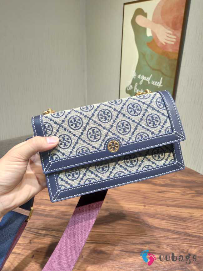 Tory Burch T Monogram Cotton Chain Wallet In Blue  - 1