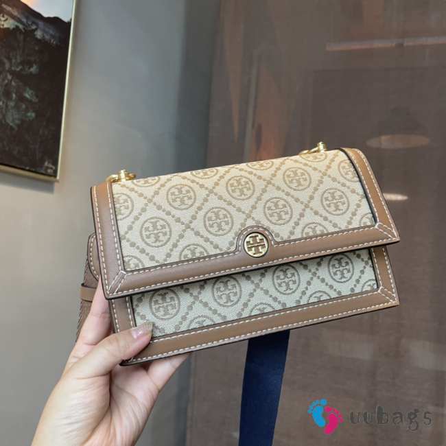 Tory Burch T Monogram Cotton Chain Wallet In Brown - 1