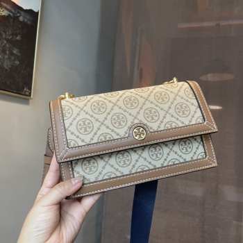 Tory Burch T Monogram Cotton Chain Wallet In Brown