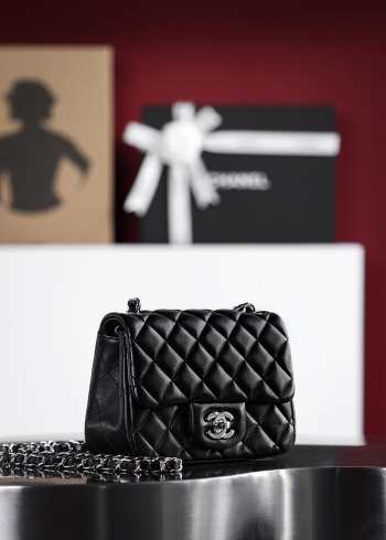 Chanel flap bag black lambskin with silver buckle 13x17x8cm