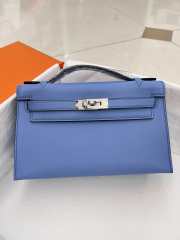 Hermes Kelly Pochette Bag In Light Blue With Silver Buckle 22cm - 1