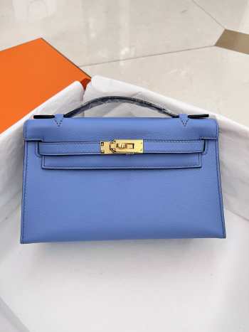 Hermes Kelly Pochette Bag In Light Blue With Gold Buckle 22cm