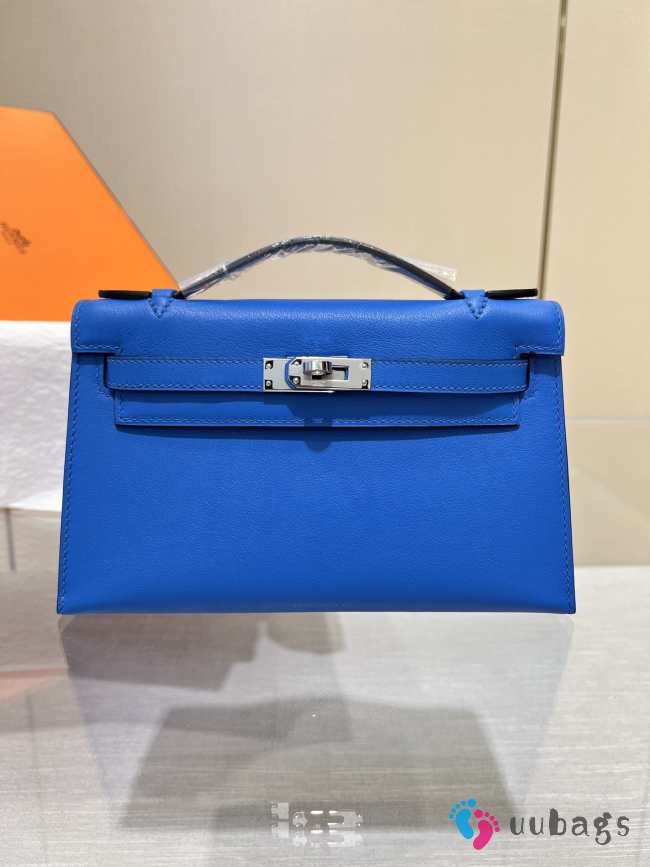 Hermes Kelly Pochette Bag In Blue With Silver Buckle 22cm - 1