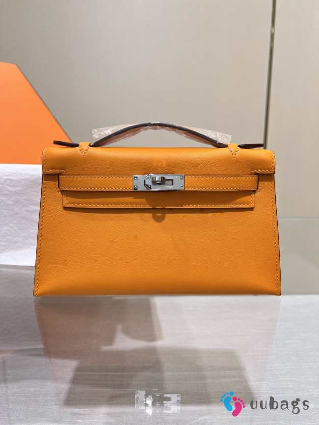 Hermes Kelly Pochette Bag In Orange With Silver Buckle 22cm - 1