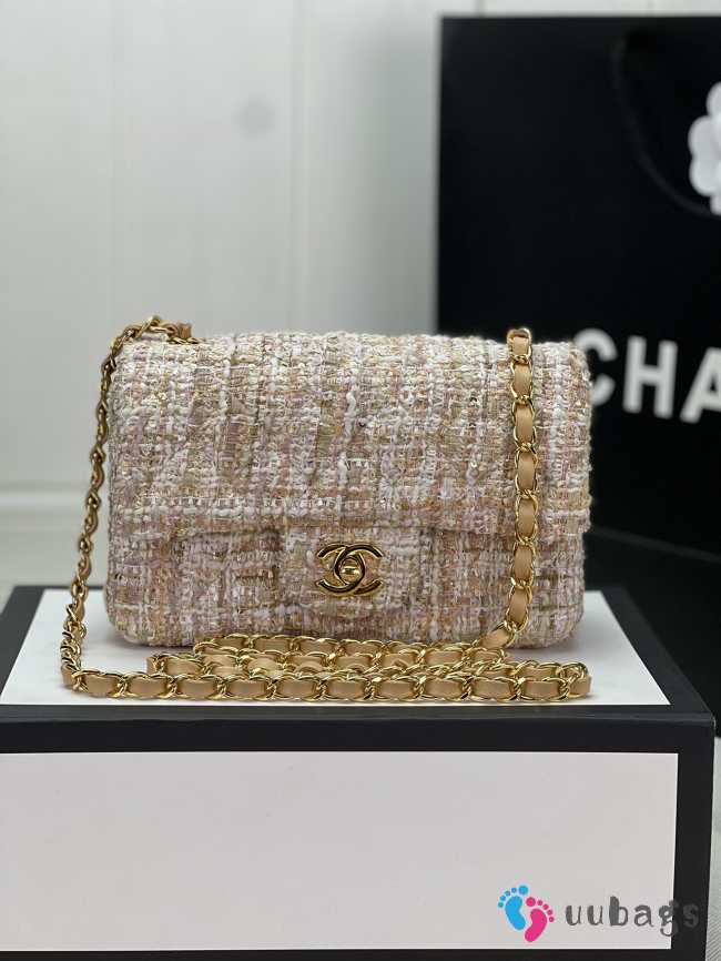 Chanel Flap bag raffia Tweed in pink & beige with gold hardware 20cm - 1