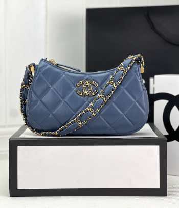 Chanel 23k Hobo Bag Calfskin Blue 23x13x5cm