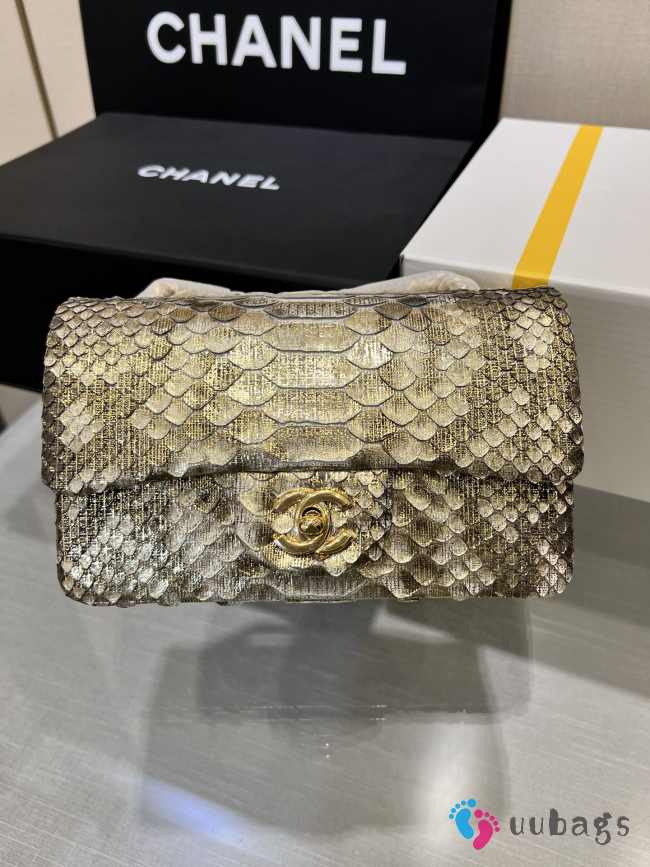 Chanel classic flap bag python skin with gold buckle 09 20cm - 1