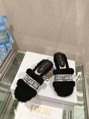 Dior Fur Mules Slipper In Black 6.5cm