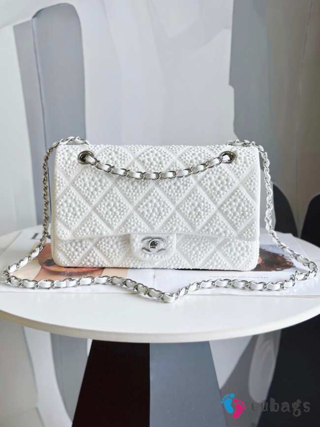 Chanel Pearls Classic Flap Bag In White With Silver Buckle 25cm - 1