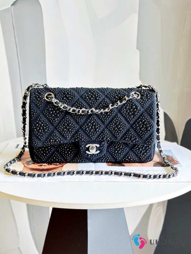 Chanel Pearls Classic Flap Bag In Black With Silver Buckle 25cm - 1