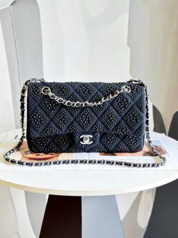 Chanel Pearls Classic Flap Bag In Black With Silver Buckle 25cm