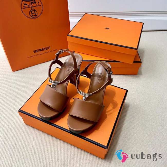 Hermes brown high heels sandals with silver buckle 10.5cm - 1