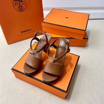 Hermes brown high heels sandals with silver buckle 10.5cm