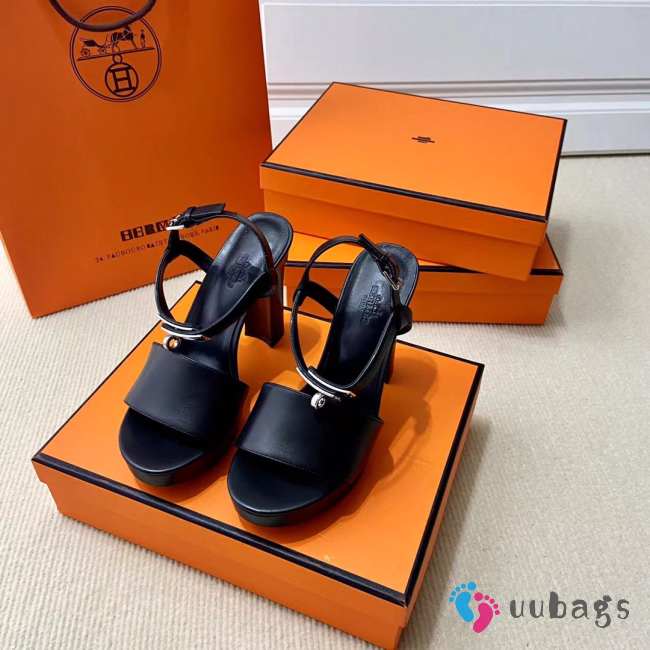 Hermes black high heels sandals with silver buckle 10.5cm - 1