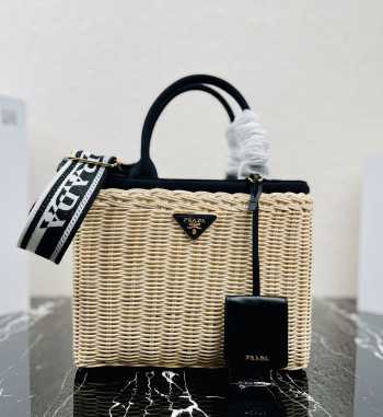 Prada wicker and canvas bag black 26x18x11.5cm