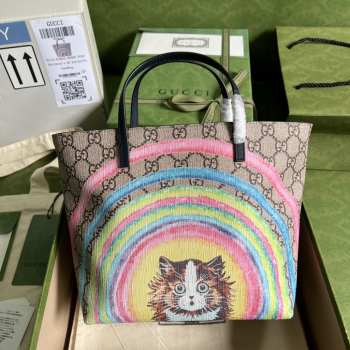 Gucci 410812 rainbow cat printed tote bag in brown 21x20x10cm