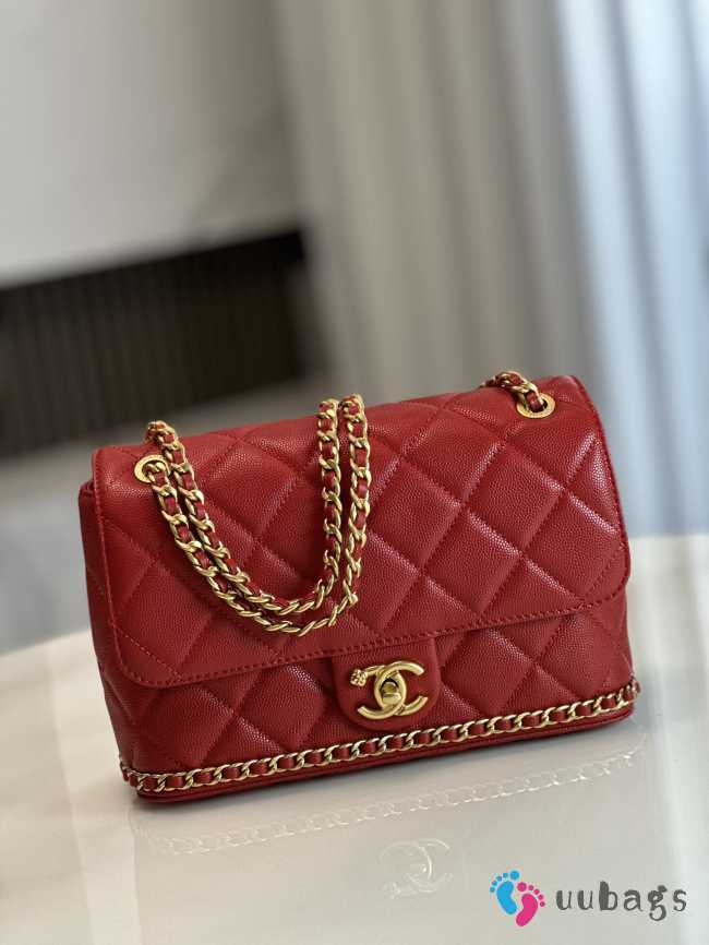 Chanel 23K Bottom Chain Flap Bag Caviar In Red 20.5x7.5x13cm - 1