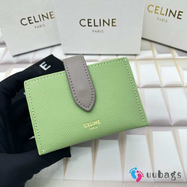 Celine Accordeon Card Holder In Bicolour Grained Calfskin Vert D'eau / Pebble - 1