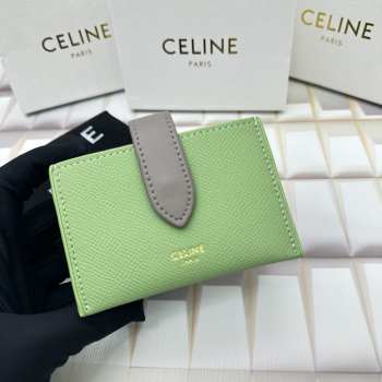 Celine Accordeon Card Holder In Bicolour Grained Calfskin Vert D'eau / Pebble