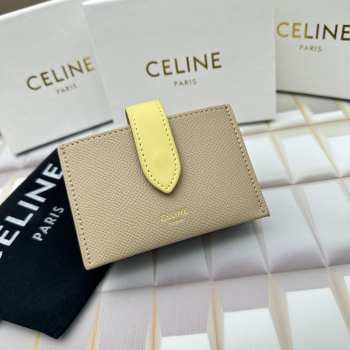 Celine Accordeon Card Holder In Bicolour Grained Calfskin Nude/ Yellow