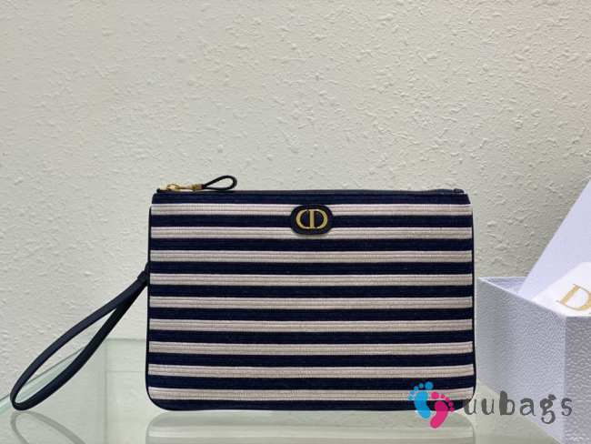 Dior Caro Daily Pouch Natural and Denim Blue Marinière Raffia 30x21.5cm - 1