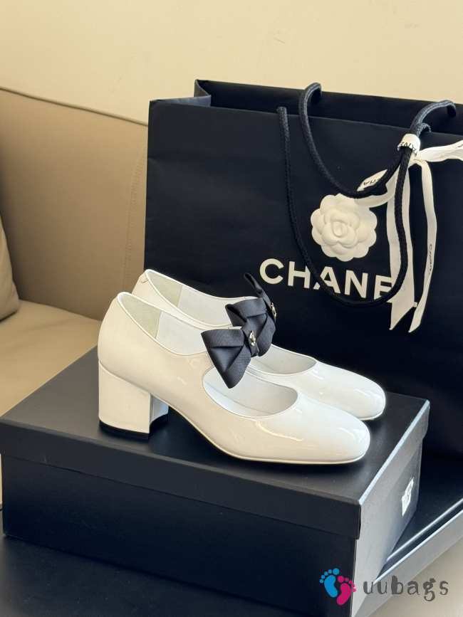 Chanel Mary Janes Shoes Polished Calfskin & Grosgrain Fabric White - 1