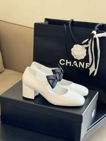 Chanel Mary Janes Shoes Polished Calfskin & Grosgrain Fabric White