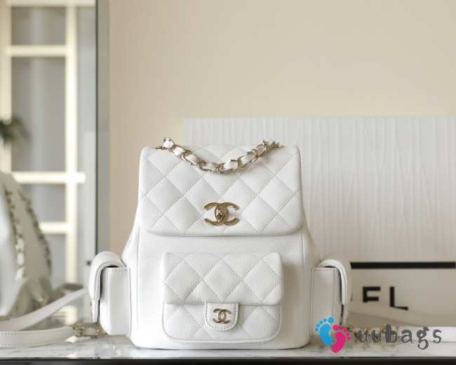 Chanel Backpack Grained Shiny Calfskin & Gold-Tone Metal Coral White - 1