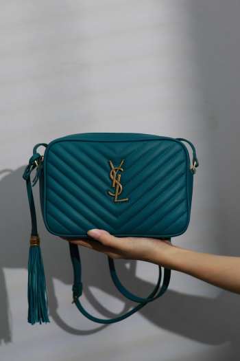 YSL Lou camera bag in turquoise green with gold buckle 23x16x6cm