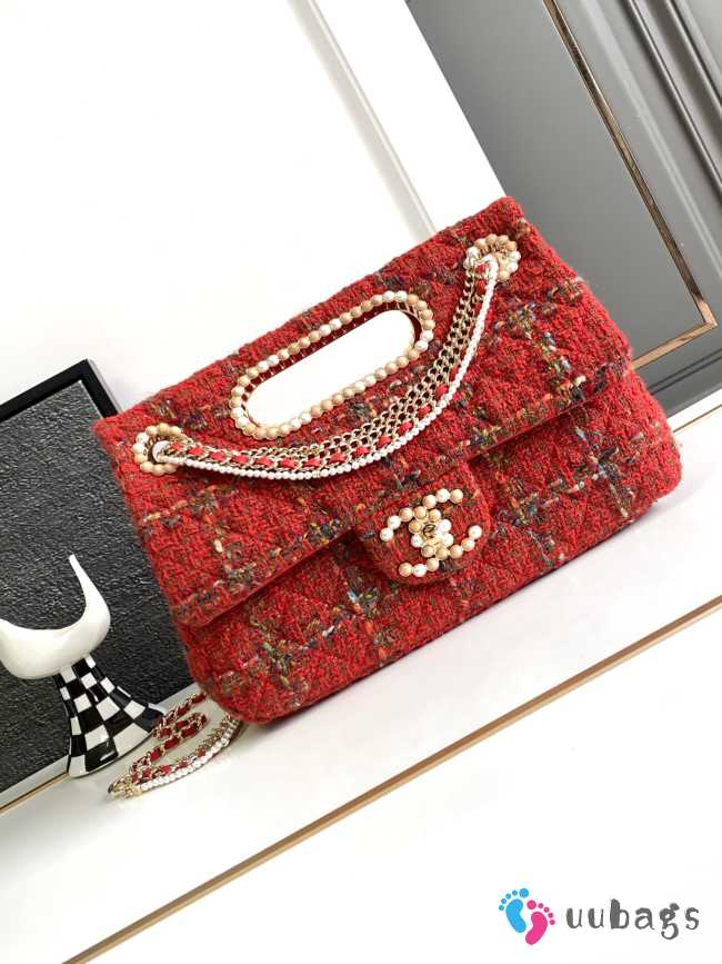 Chanel 23A Fall Red Tweed Double Flap Chain & Pearl Embellished Bag 19x29x9cm - 1