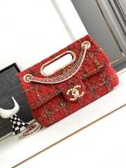 Chanel 23A Fall Red Tweed Double Flap Chain & Pearl Embellished Bag 19x29x9cm - 1