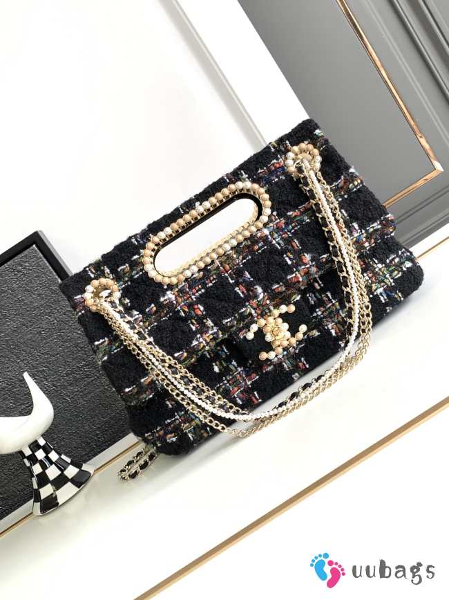 Chanel 23A Fall BlackTweed Double Flap Chain & Pearl Embellished Bag 19x29x9cm - 1