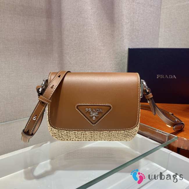 Prada Raffia & Leather Crossbody Bag In Brown 20x15x6.5cm - 1