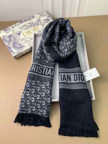 Dior double-sided jacquard cashmere long blue navy scarf 35x190cm