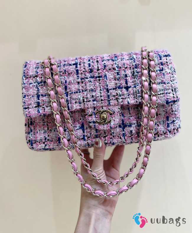 Chanel flap bag raffia tweed in pink/ navy/ white with gold hardware 25cm - 1