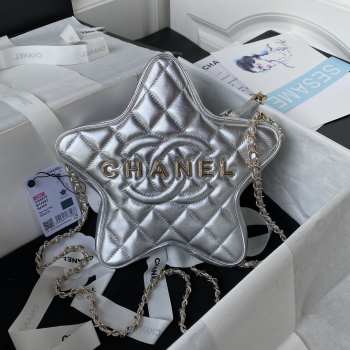 Chanel Star Silver Metallic Lambskin & Gold Metal Bag 22.5x6cm