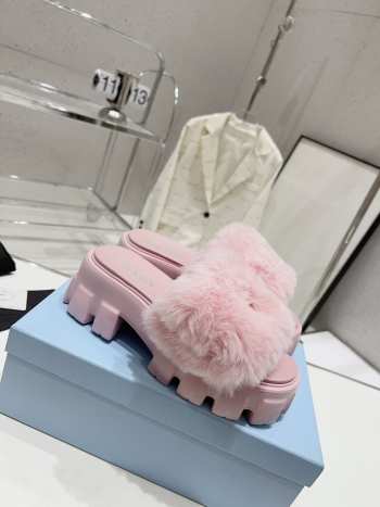 Prada mink fur slippers with thick anti-slip soles pink