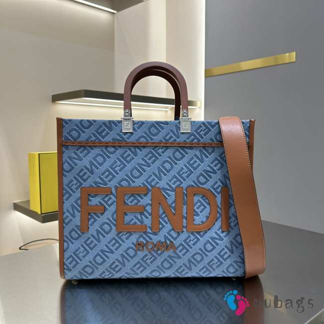 Fendi Sunshine Medium Blue FF jacquard fabric shopper 35x17x31cm - 1