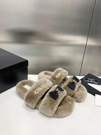 Chanel bowknot wool slippers flat in grey