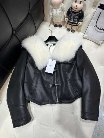 Celine Cardigan Jacket In Soft Lambskin With Fur In Black