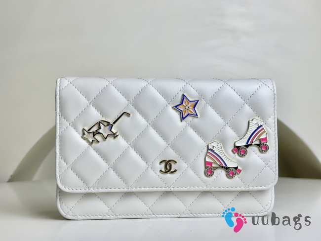 Chanel Classic Wallet With Strap Lambskin, Enamel & Gold-plated metal White - 1