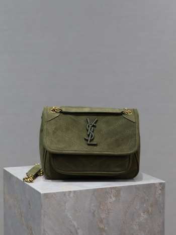 YSL Niki Medium In Suede Bag In Green 22×16.5×12cm