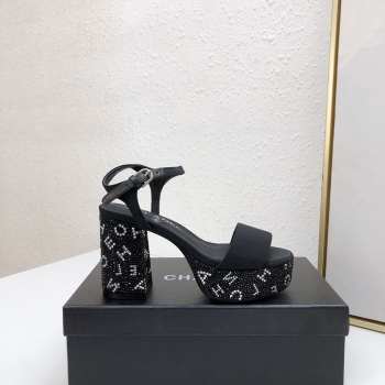 Chanel Sandal Grosgrain Fabric & Stone Beads Black & Silver 9cm