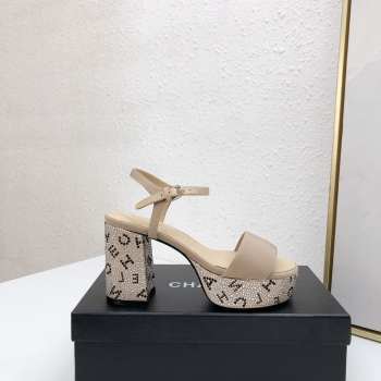 Chanel Sandal Grosgrain Fabric & Stone Beads Beige & Silver 9cm